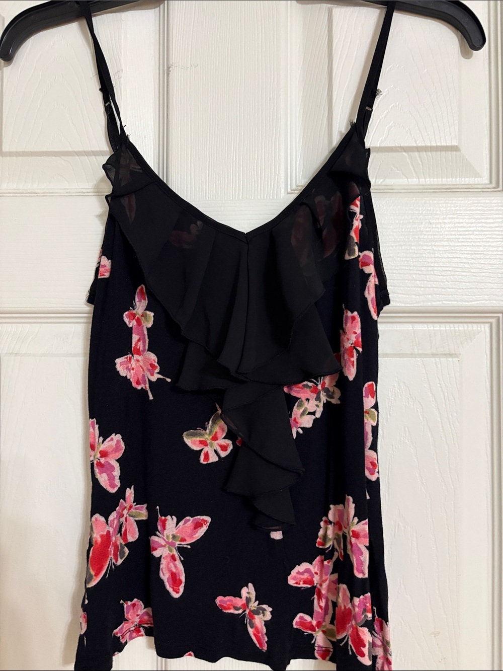 Elle Black Cami with Pink Floral Print and Ruffle Detail